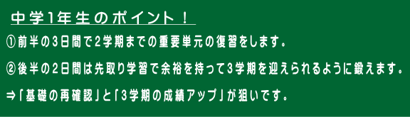 ①前半の３日間で２学期までの重要単元の復習をします。  ②後半の２日間は先取り学習で余裕を持って３学期を迎えられるように鍛えます。  ⇒「基礎の再確認」と「３学期の成績アップ」が狙いです。